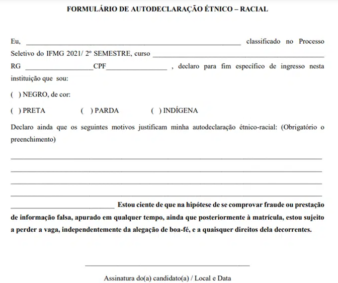 Formulário para autodeclaração pardo preto ou indígena